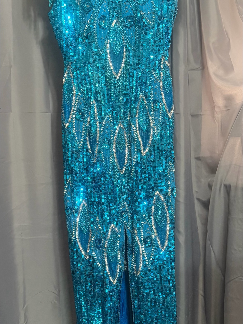 Turquoise Sequin Evening Prom Dress with Rhinestone Accents